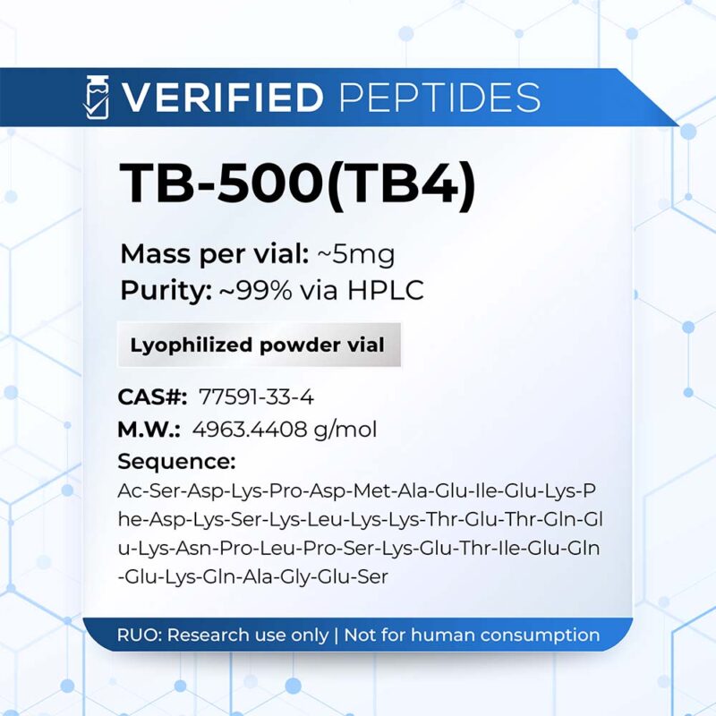 A peptide information sheet for the Verified Peptides TB 500 peptides.