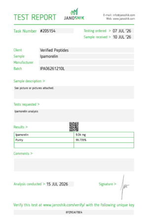 Ipamorelin Peptide Purity Certificate of Analysis Lab Test Report July 2026