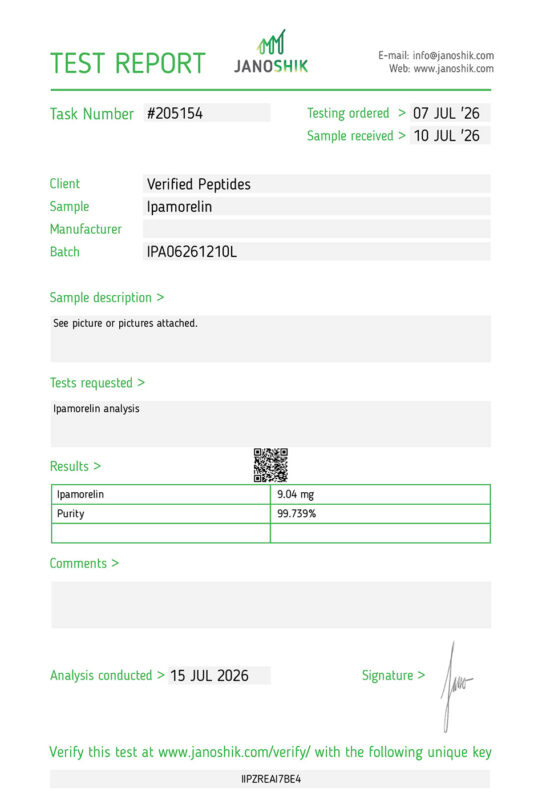 Ipamorelin Peptide Purity Certificate of Analysis Lab Test Report July 2026