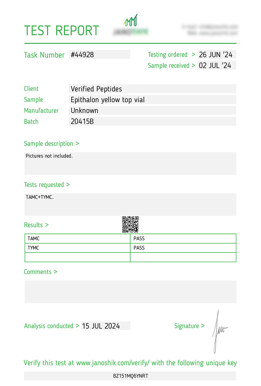 Epitalon Sterility Test July 2024