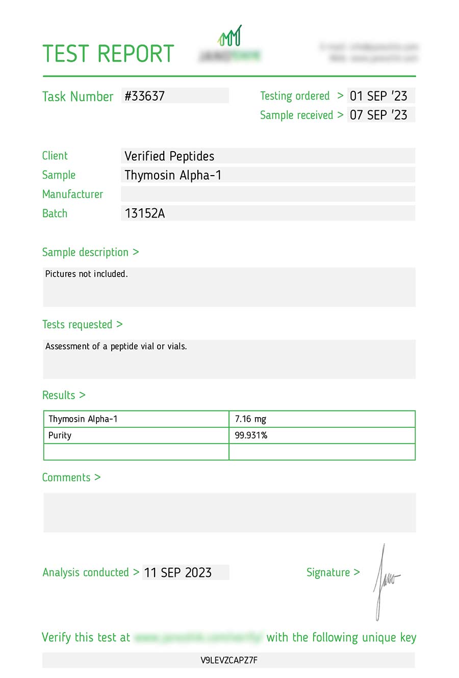 Thymosin Alpha-1 Lab Report Sepetember 2023