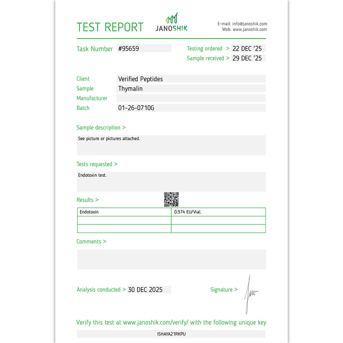 Thymalin Peptide Endotoxin Certificate of Analysis Lab Test Report December 2025 sq