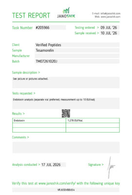 Tesamorelin Peptide Endotoxin Certificate of Analysis Lab Test Report July 2026