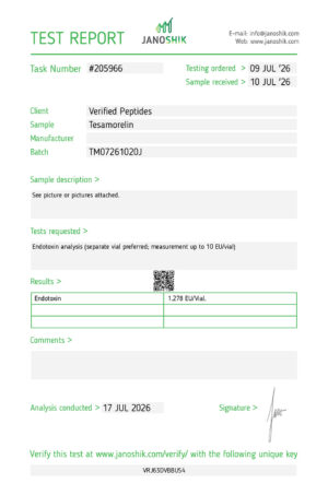 Tesamorelin Peptide Endotoxin Certificate of Analysis Lab Test Report July 2026