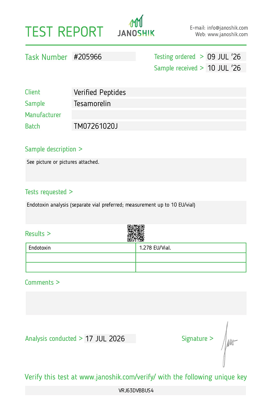 Tesamorelin Peptide Endotoxin Certificate of Analysis Lab Test Report July 2026