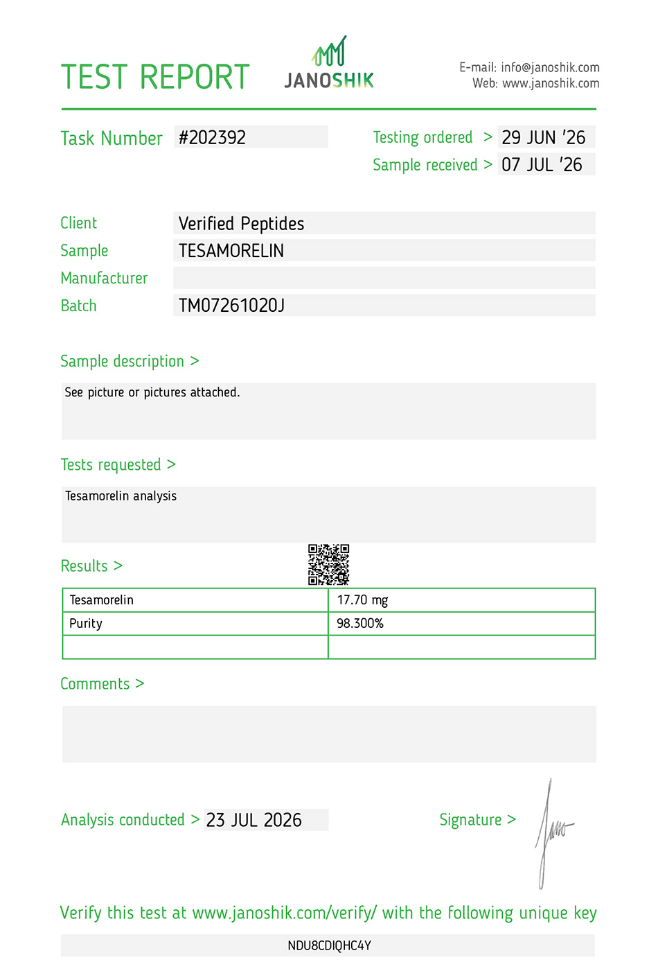 Tesamoreln Peptide Purity Certificate of Analysis Lab Test Report July 2026_