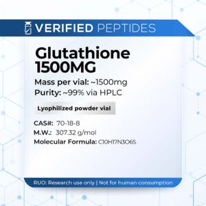 A peptide information sheet for the Verified Peptides Glutathione for sale.