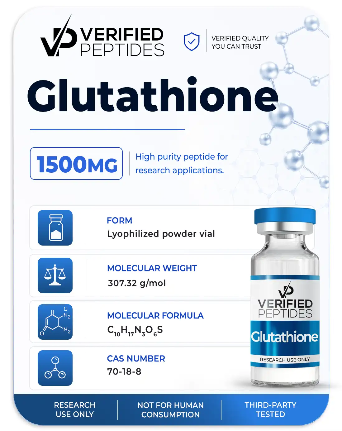 A peptide information sheet for the Verified Peptides Glutathione for sale.