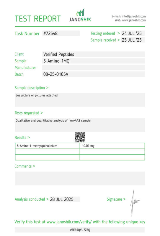 Certificate of Analysis Lab Test Report August 2025 for 5-Amino-1MQ Peptide