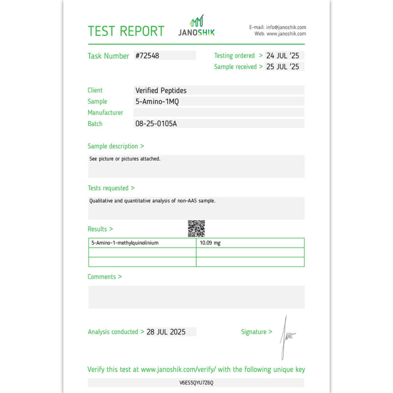 Certificate of Analysis Lab Test Report August 2025 for 5-Amino-1MQ Peptide