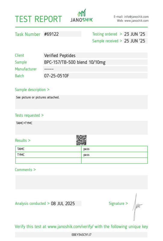 BPC157 TB500 Blend Sterility Report Test June 2025