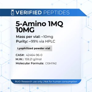A peptide information sheet for the Verified Peptides 10mg 5-Amino 1MQ peptide.