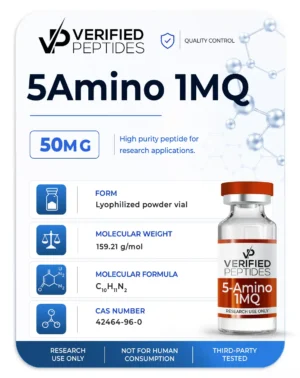 A peptide information sheet for the Verified Peptides 50mg 5-Amino 1MQ peptide.