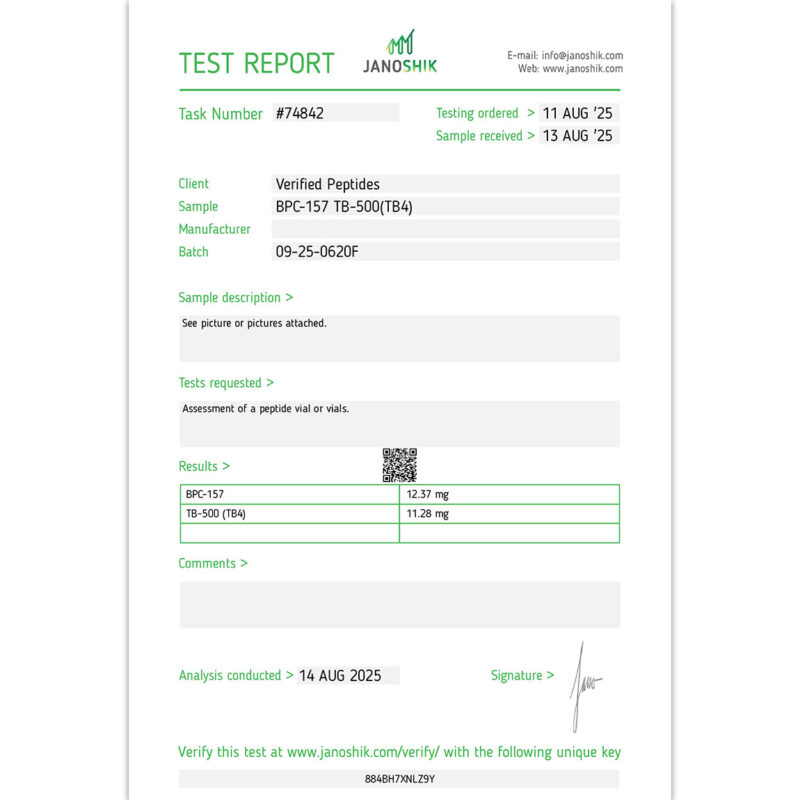 Certificate of Analysis Lab Test Report August 2025 for BPC-157 TB-500 Peptide blend