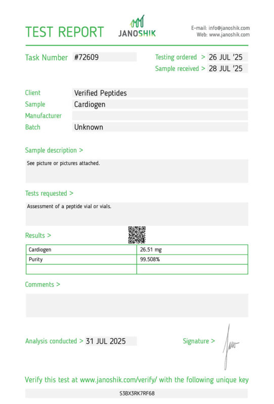 Certificate of Analysis Lab Test Report July 2025 for Cardiogen Peptide