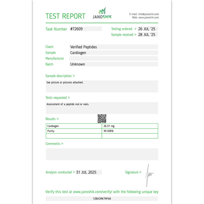 Certificate of Analysis Lab Test Report July 2025 for Cardiogen Peptide