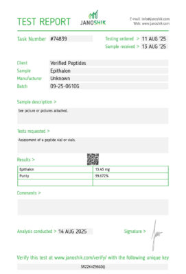 Certificate of Analysis Lab Test Report August 2025 for Epitalon Peptide