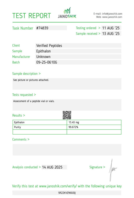 Certificate of Analysis Lab Test Report August 2025 for Epitalon Peptide