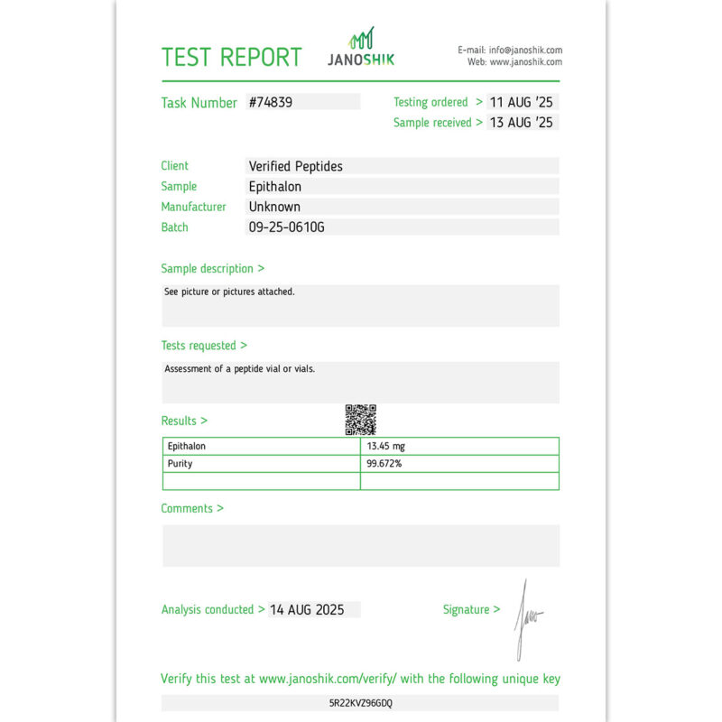 Certificate of Analysis Lab Test Report August 2025 for Epitalon Peptide