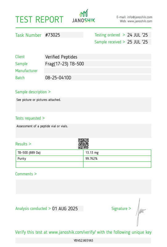 Frag(17-23) TB-500 Certificate of Analysis Lab Test Report August 2025