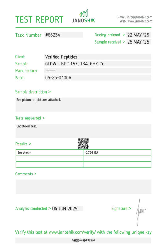 GLOW Peptide Endotoxin Lab Test Report May 2025
