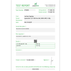 Certificate of Analysis Lab Test Report August 2025 for Ipamorelin CJC1295 Peptide blend