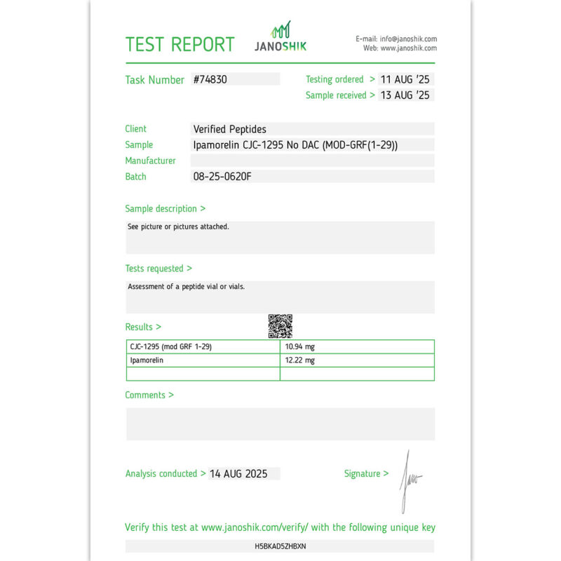 Certificate of Analysis Lab Test Report August 2025 for Ipamorelin CJC1295 Peptide blend