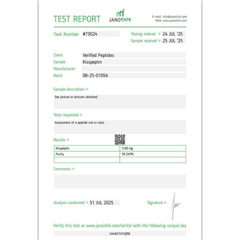 Certificate of Analysis Lab Test Report July 2025 for Kisspeptin Peptide