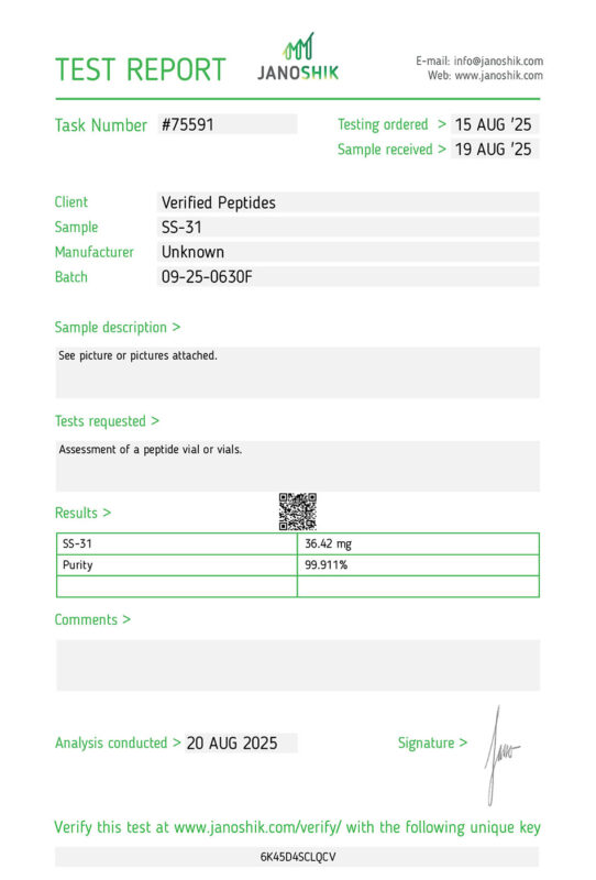 SS-31 Peptide Certificate of Analysis Lab Test Report August 2025