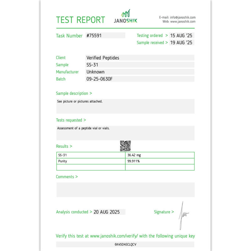 SS-31 Peptide Certificate of Analysis Lab Test Report August 2025