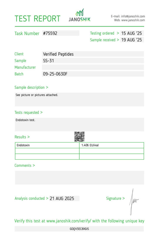 SS-31 Peptide Endotoxin Certificate of Analysis Lab Test Report August 2025