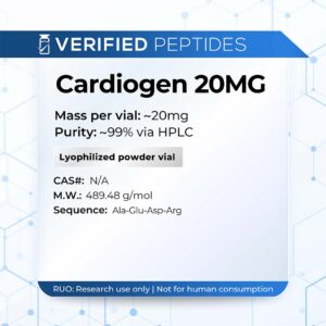 A peptide information sheet for the Verified Peptides 10mg cardiogen peptide.