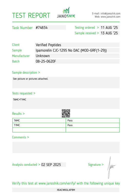 Ipamorelin CJC1295 Blend Sterility Lab Test Report September 2025