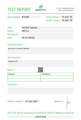 MOTS-C Peptide Endotoxin Certificate of Analysis Lab Test Report August 2025