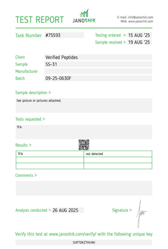 SS-31 Peptide TFA Certificate of Analysis Lab Test Report August 2025