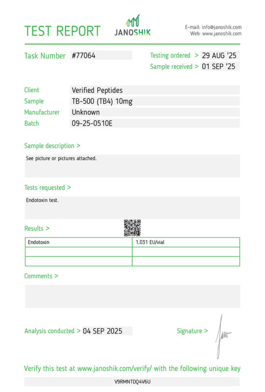 TB-500 Peptide Endotoxin Certificate of Analysis Lab Test Report September 2025