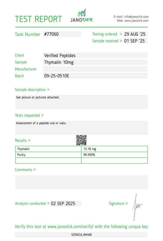 Thymalin Peptide Purity Certificate of Analysis Lab Test Report September 2025