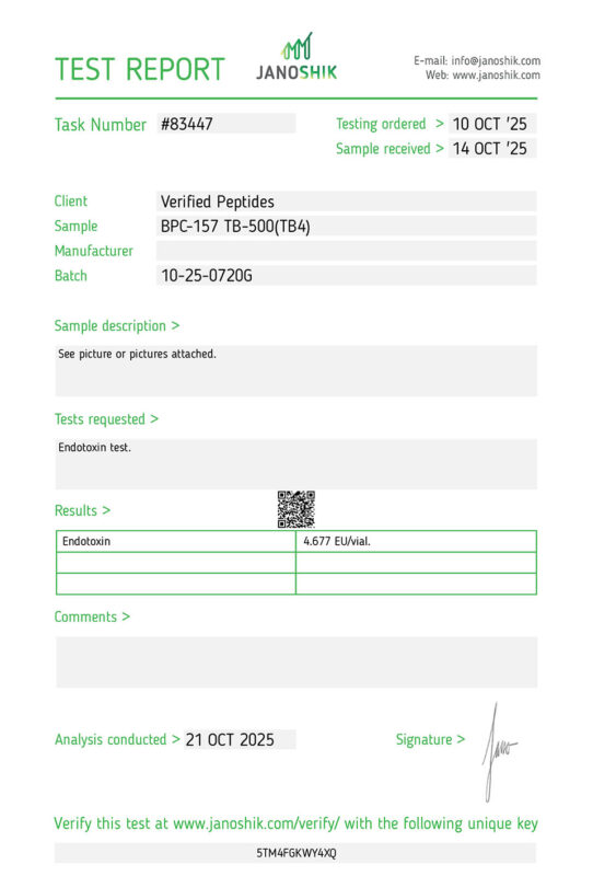 BPC-157 TB-500 Peptide Endotoxin Certificate of Analysis Lab Test Report October 2025