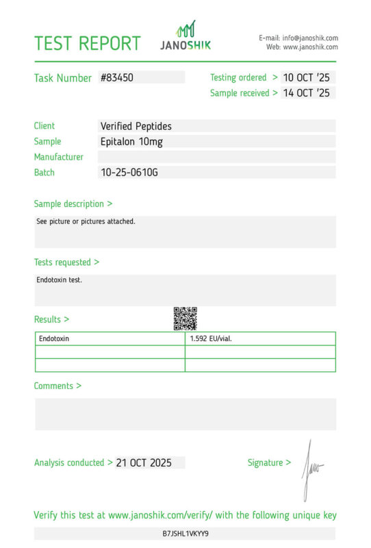 Epitalon Peptide Endotoxin Certificate of Analysis Lab Test Report October 2025