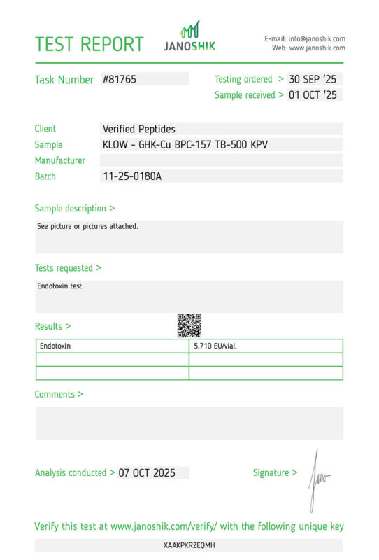 KLOW Peptide Endotoxin Certificate of Analysis Lab Test Report October 2025