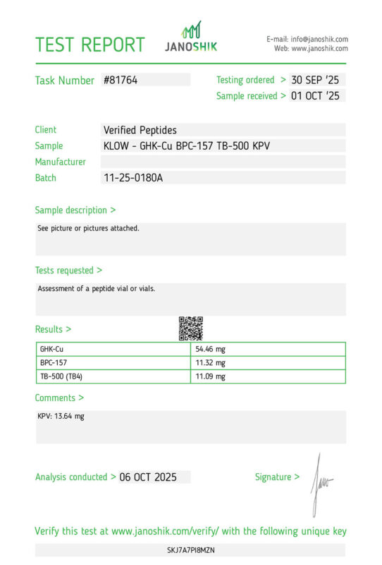 KLOW Peptide Purity Certificate of Analysis Lab Test Report October 2025