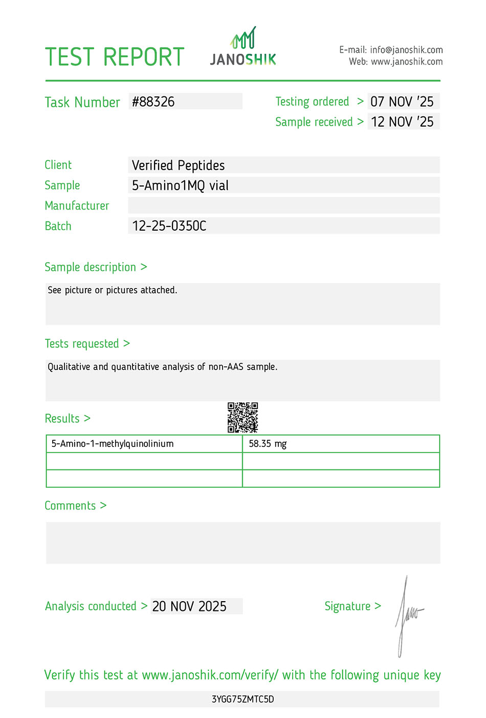 5-Amino 1MQ Peptide Purity Certificate of Analysis Lab Test Report November 2025