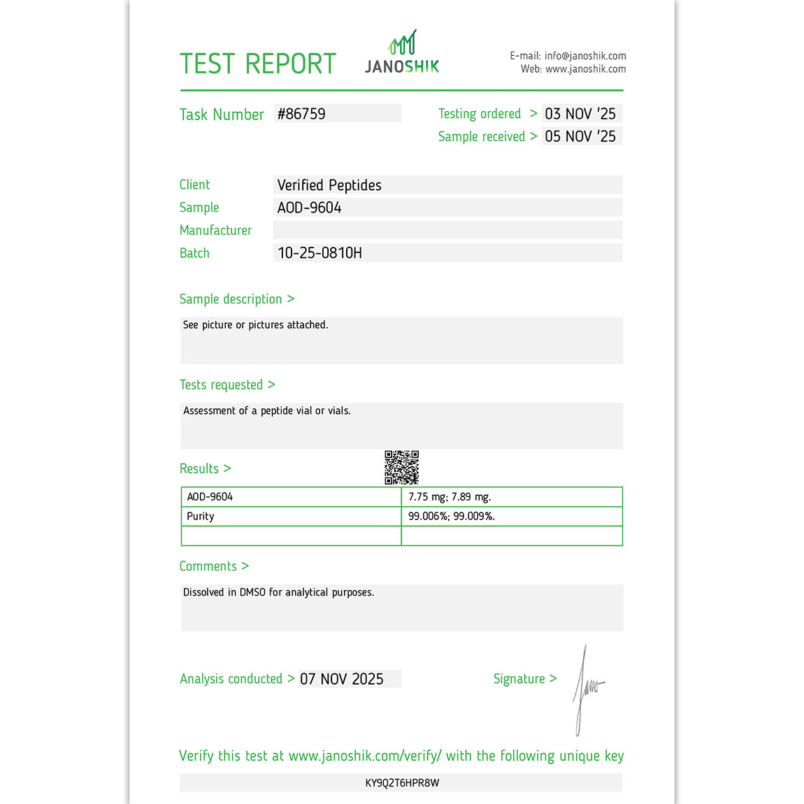 AOD-9604 Peptide Purity Certificate of Analysis Lab Test Report October 2025