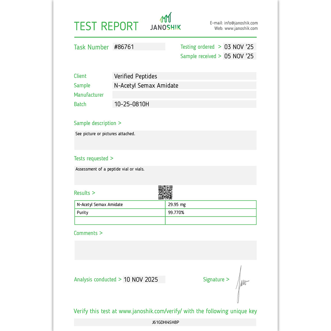 N-Acetyl Sem@x Am Peptide Purity Certificate of Analysis Lab Test Report October 2025