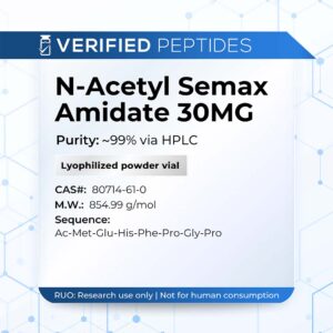 A peptide information sheet for the Verified Peptides 30mg N-Acetyl Semax peptide.