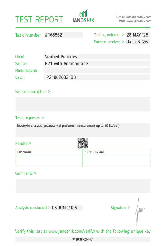 P21 Peptide Endotoxin Certificate of Analysis Lab Test Report June 2026