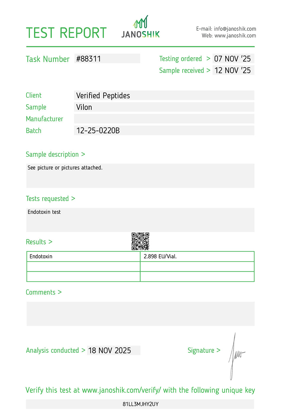 Vilon Peptide Endotoxin Certificate of Analysis Lab Test Report November 2025