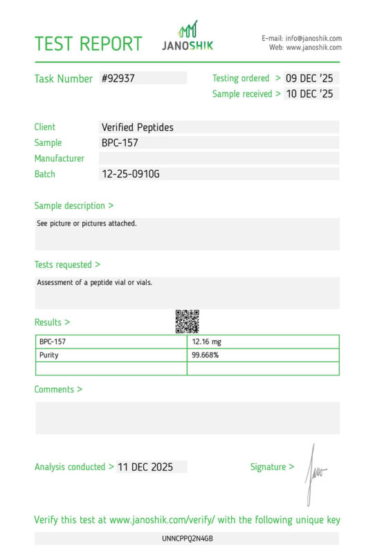 BPC-157 Peptide Purity Certificate of Analysis Lab Test Report December 2025