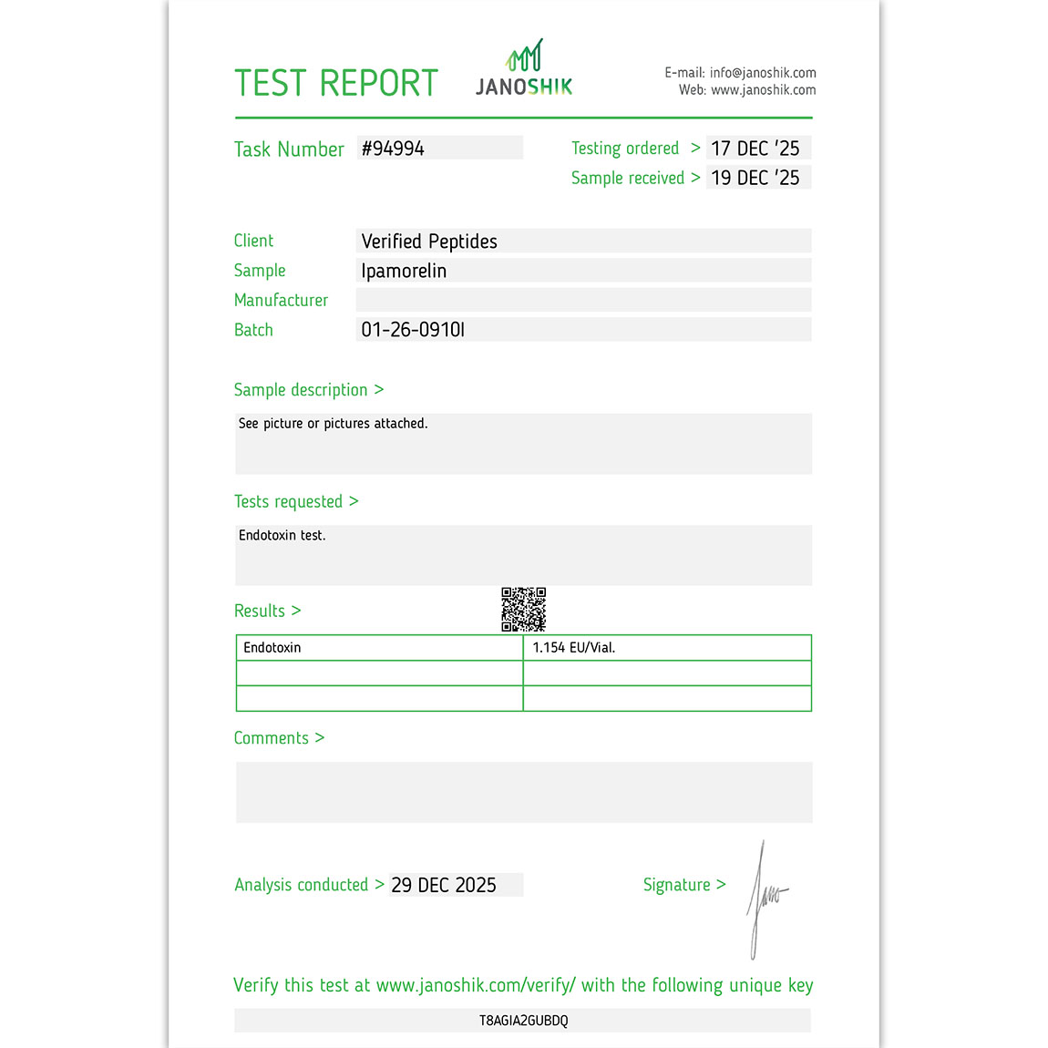 Ipamorelin Peptide Endotoxin Certificate of Analysis Lab Test Report December 2025