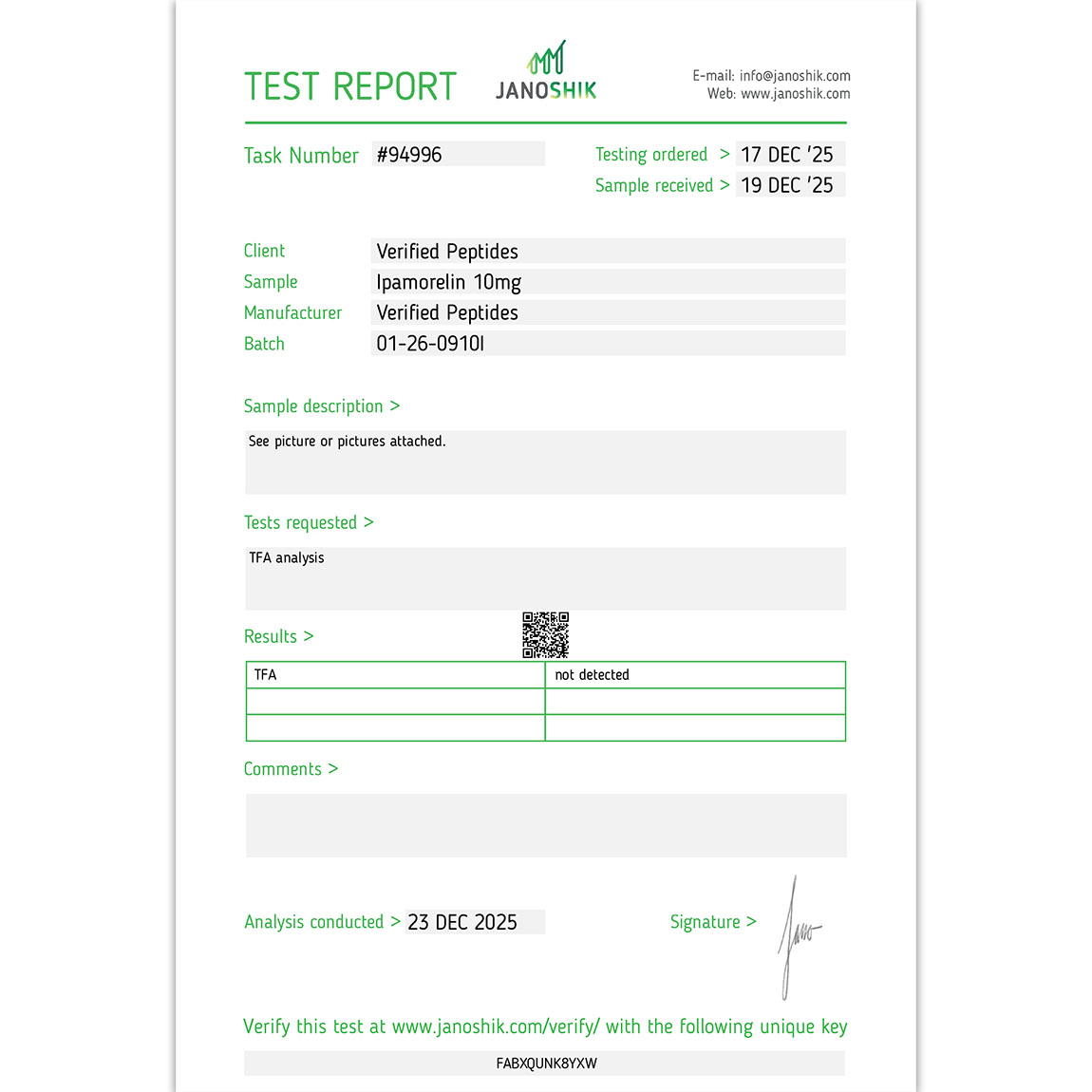 Ipamorelin Peptide TFA Certificate of Analysis Lab Test Report December 2025